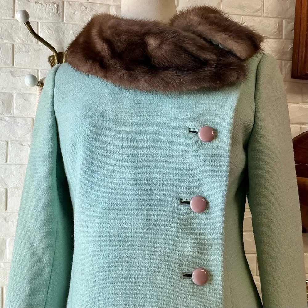 Vintage 1960 Blue Fur Collar Mod Side Button Jacket - Picture 2 of 13